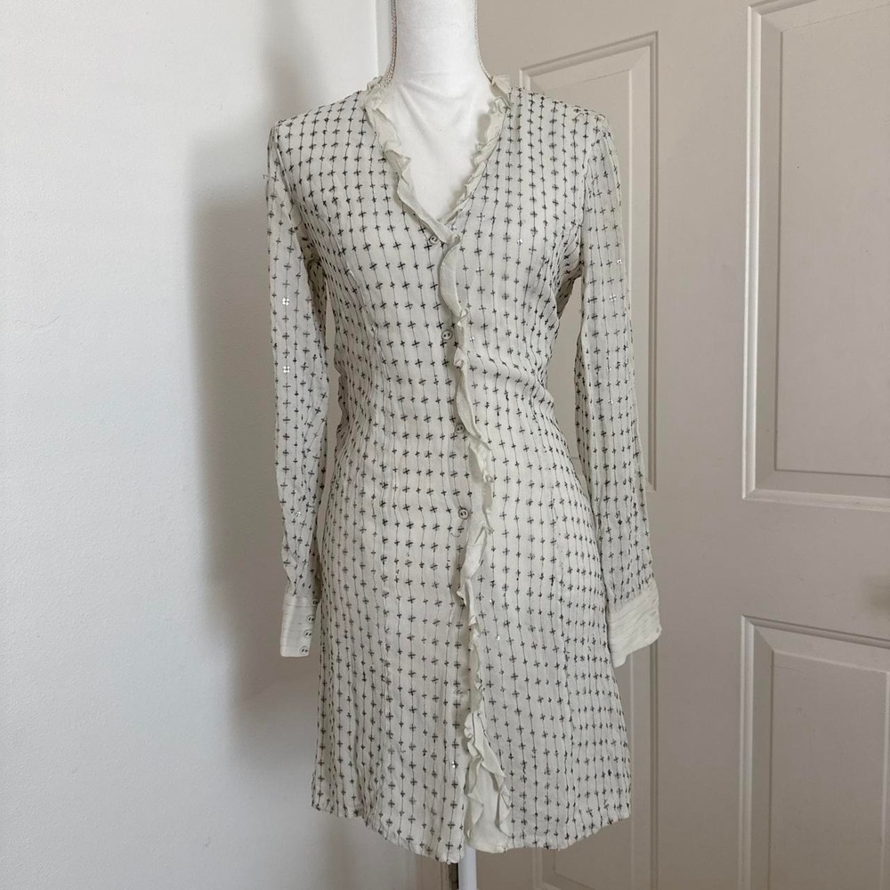 Hoss Intropia Anthropologie white with black cross print dress with ruffles